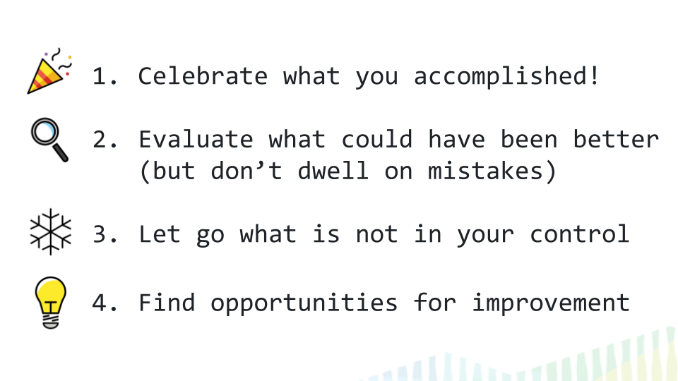 Celebrate what you accomplished! Evaluate what could have been better (but don’t dwell on mistakes). Let go what is not in your control. Find opportunities for improvement