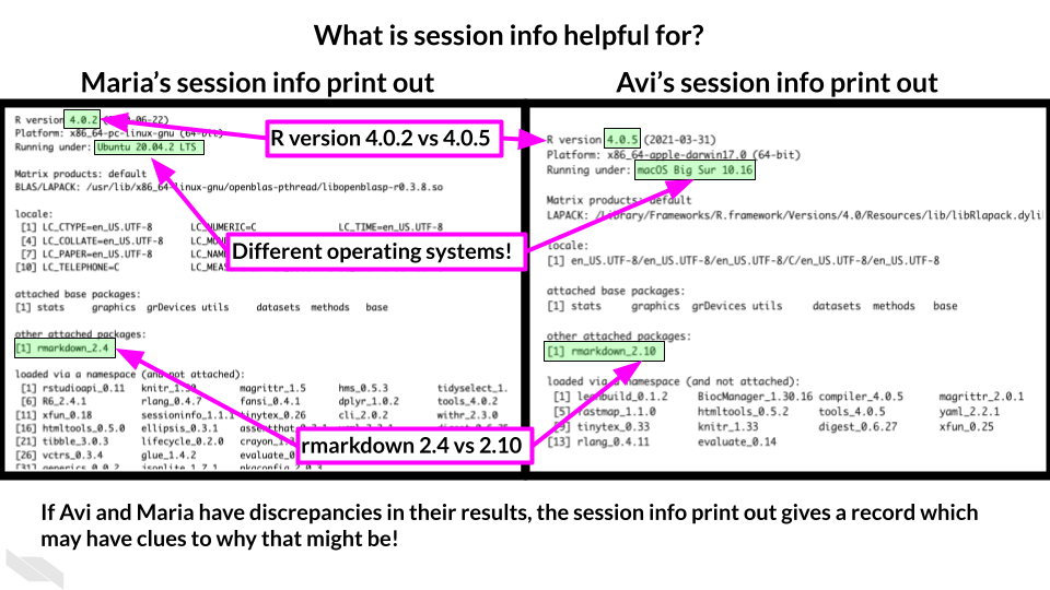 Two session info print outs are show side by side. One is labeled as ‘Maria’s session info print out’ and the other as ‘Avi’s session info print out’. Highlighted we can see that they have different R versions: 4.0.2 vs 4.0.5. They also have different operating systems. The packages they have attached is rmarkdown but they also have different rmarkdown package versions!  If Avi and Maria have discrepancies in their results, the session info print out gives a record which may have clues to why that might be! This can give them items to look into for determining why the results didn’t reproduce as expected.